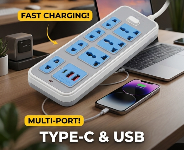 AXIVNO Extension Board with USB Type-C | 7 Socket + 2USB Ports + 1 Type C | Fast Charging | Long Wire | Multi-Purpose USB Extension Board for Mobile & Home Use